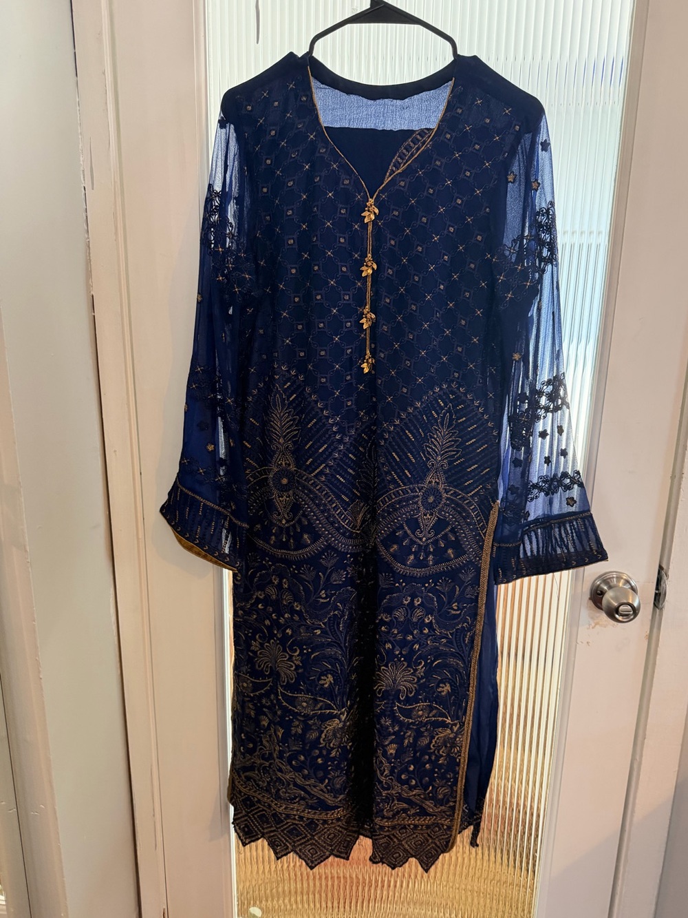 Navy Embroidered Sheer Long Kurta with Gold Threadwork